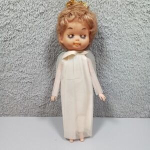 Vintage Angel Doll Tree Topper White Gown Gold Halo Starburst Eyelashes 8 Inch